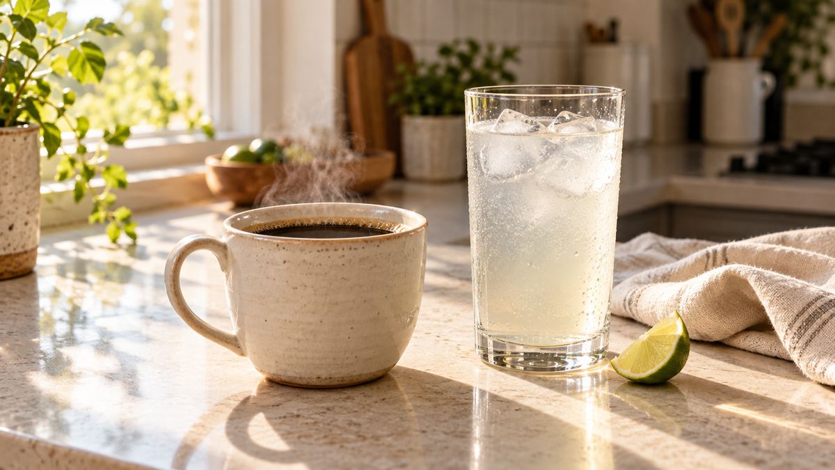 Cup of coffee next to a glass of water with electrolytes
