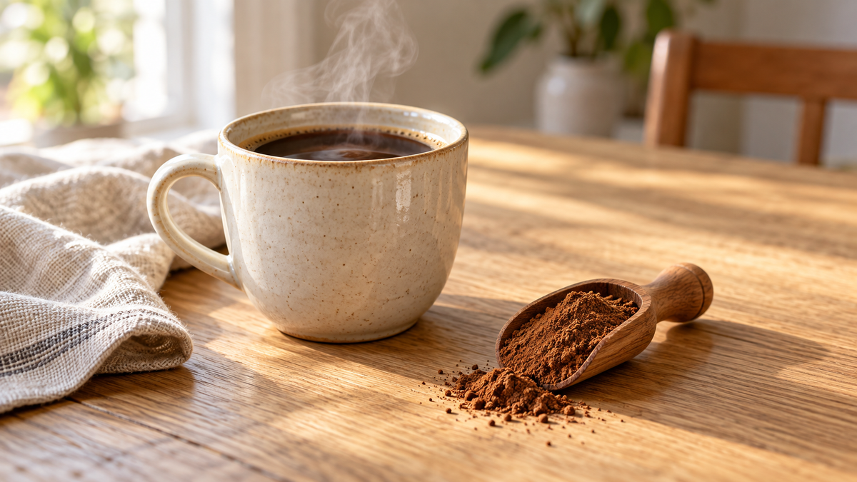 Mug of mushroom coffee with a scoop of powder on a table