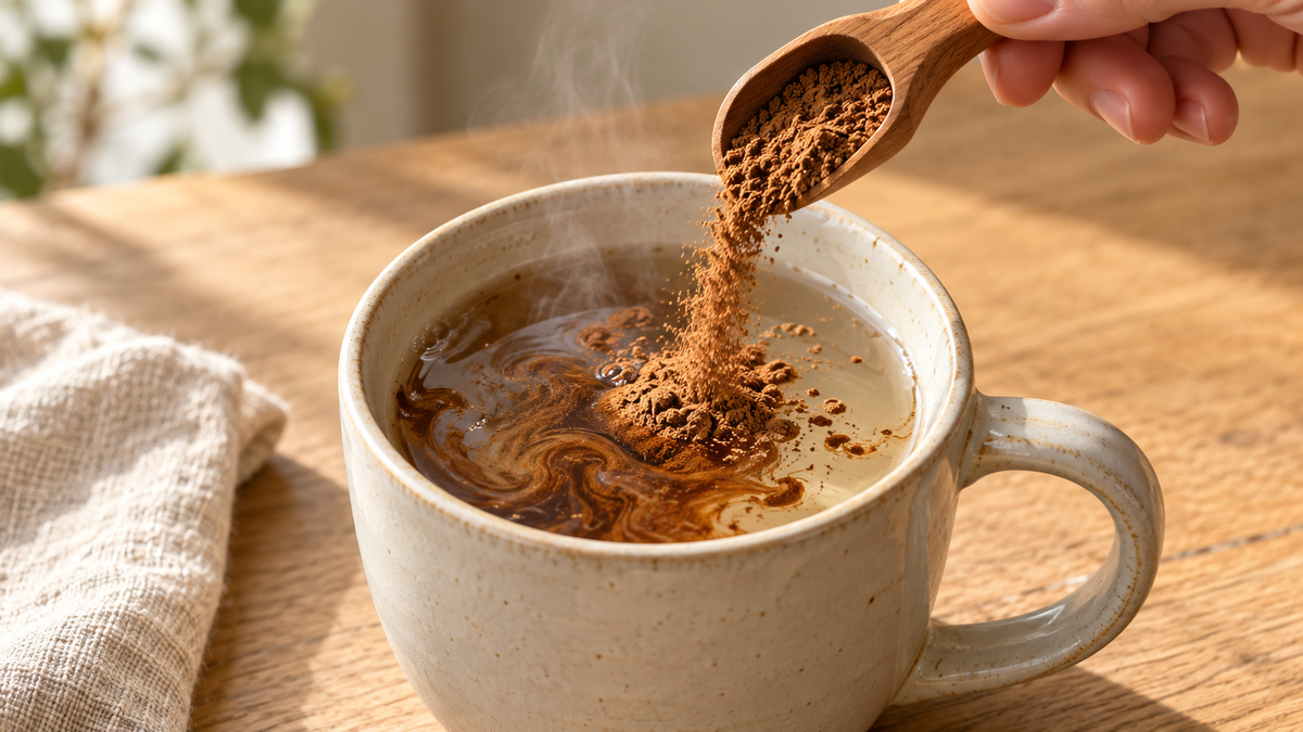 Scoop of instant mushroom coffee powder dissolving in a mug