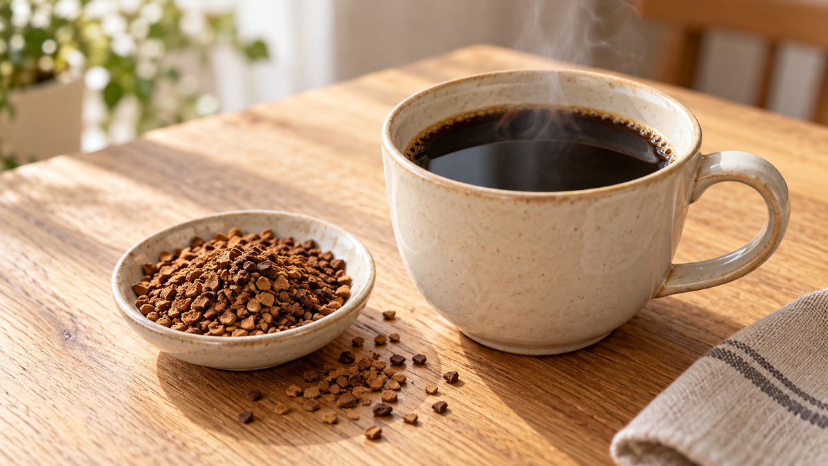 Instant coffee granules next to a cup of black coffee