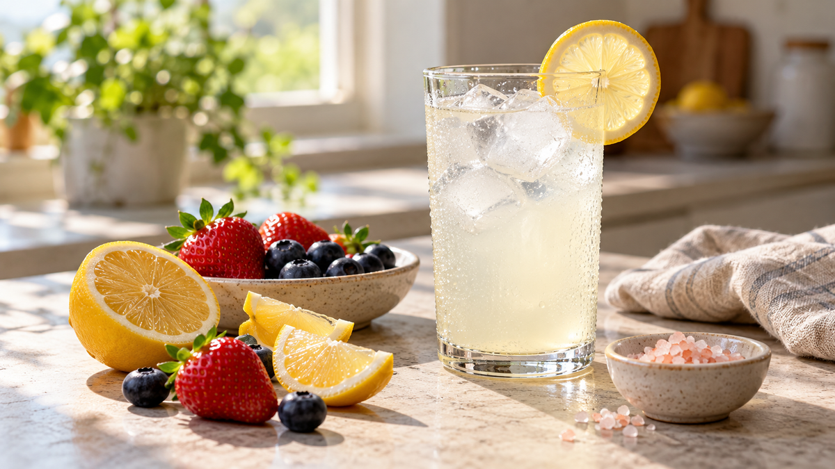 Glass of electrolyte water with lemon, salt and fruit