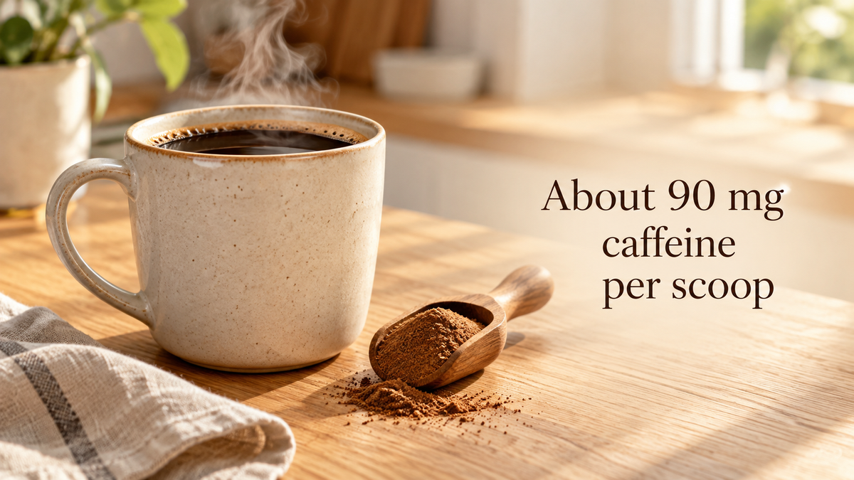 Cup of mushroom coffee with about 90mg of caffeine per scoop
