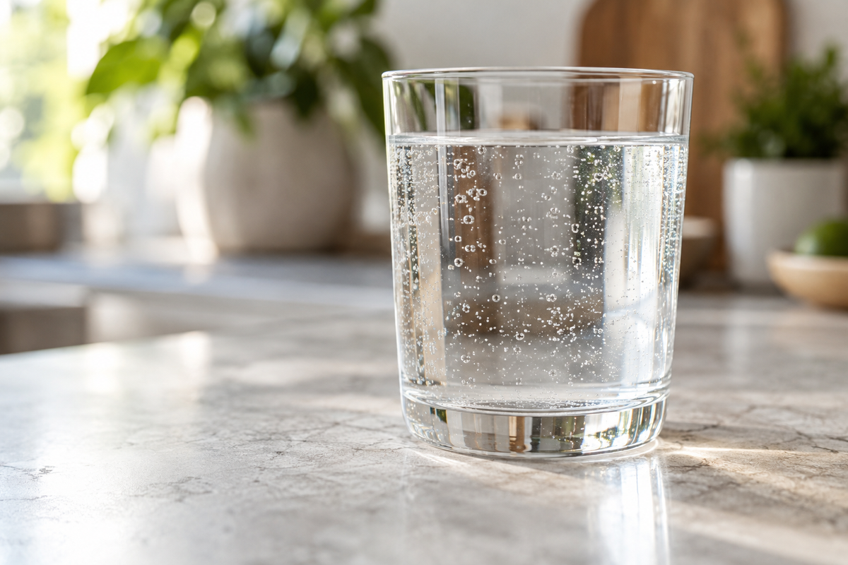 Glass of hydrogen water with tiny bubbles
