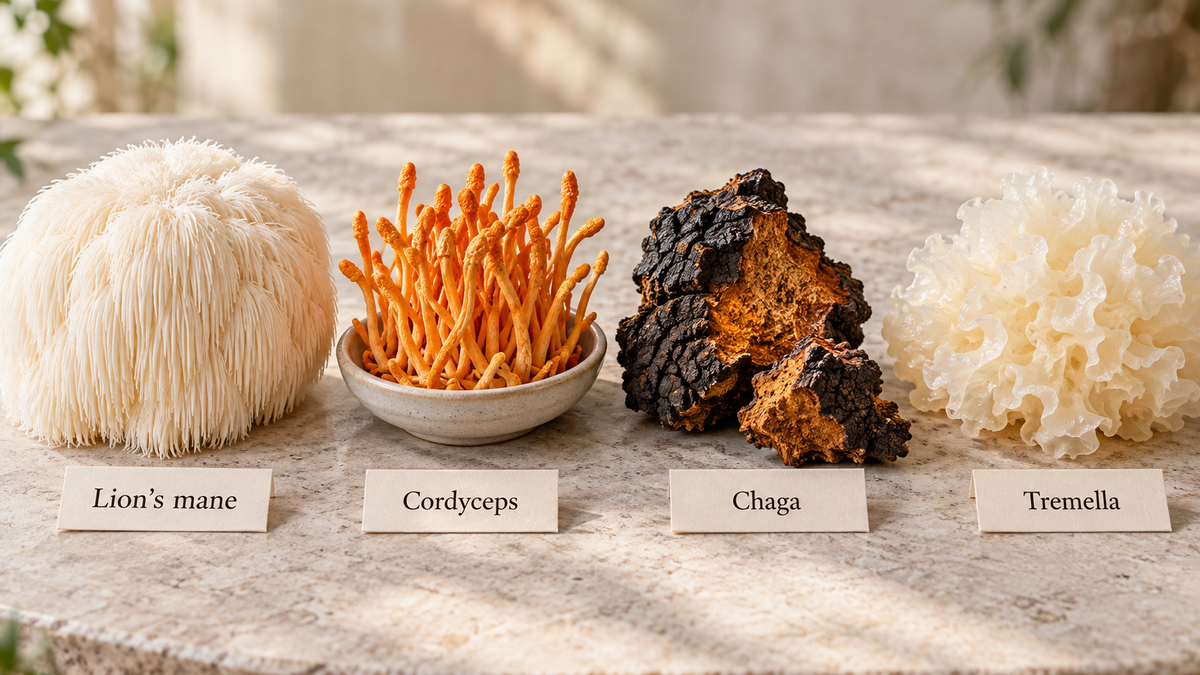 Four functional mushrooms: lion's mane, cordyceps, chaga and tremella