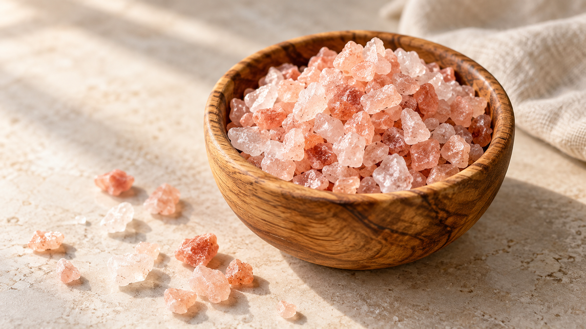 Pink Himalayan rock salt in a wooden bowl