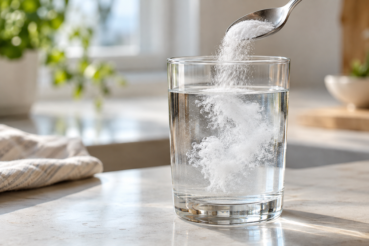 Magnesium glycinate powder in a glass of electrolyte water