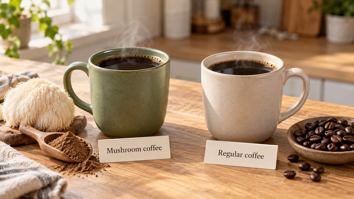 Mushroom coffee and regular coffee side by side in two mugs