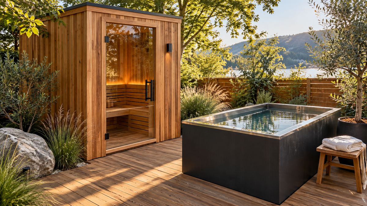 Wooden sauna next to an outdoor cold plunge tub