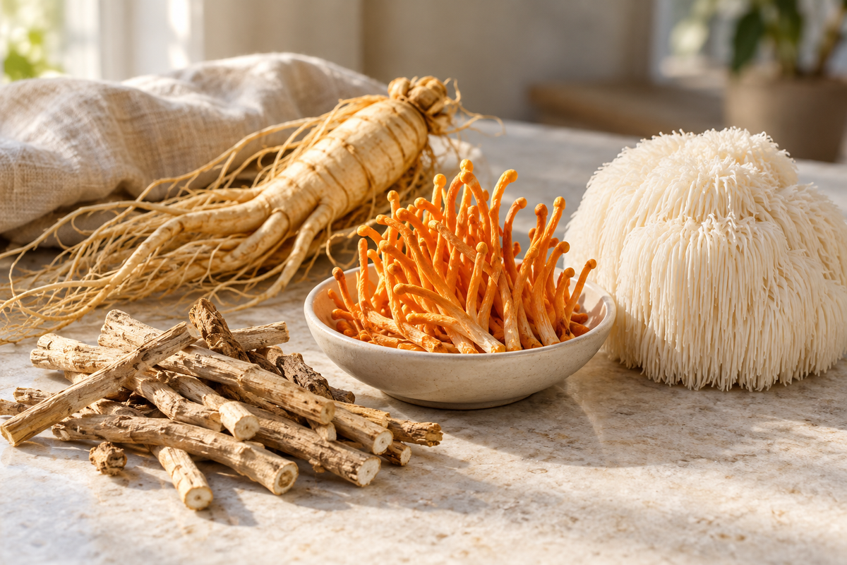 Adaptogenic herbs and mushrooms including ashwagandha, ginseng, cordyceps and lion's mane