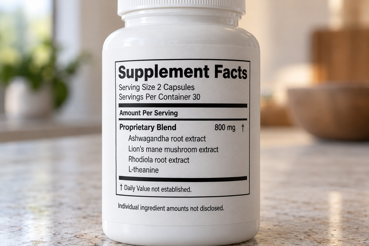 Supplement label showing a proprietary blend with hidden ingredient amounts