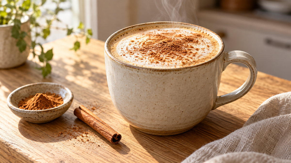 Creamy mushroom coffee latte with cinnamon on top