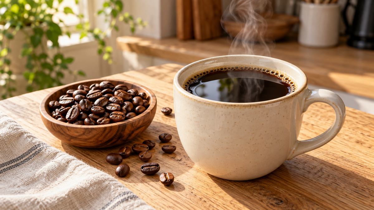Fresh cup of black coffee with roasted coffee beans