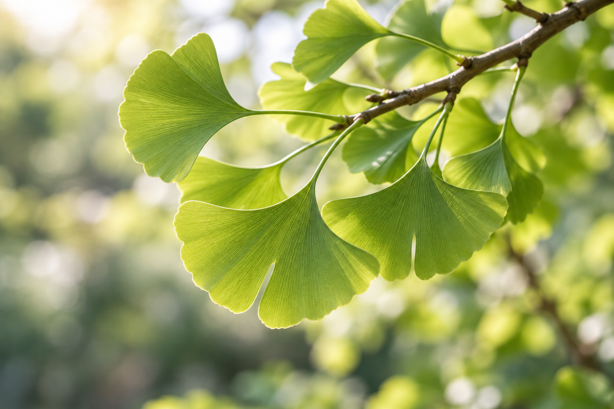 Fan-shaped green ginkgo biloba leaves