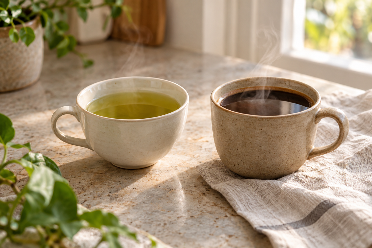 Cup of green tea and mushroom coffee, both sources of calm focus