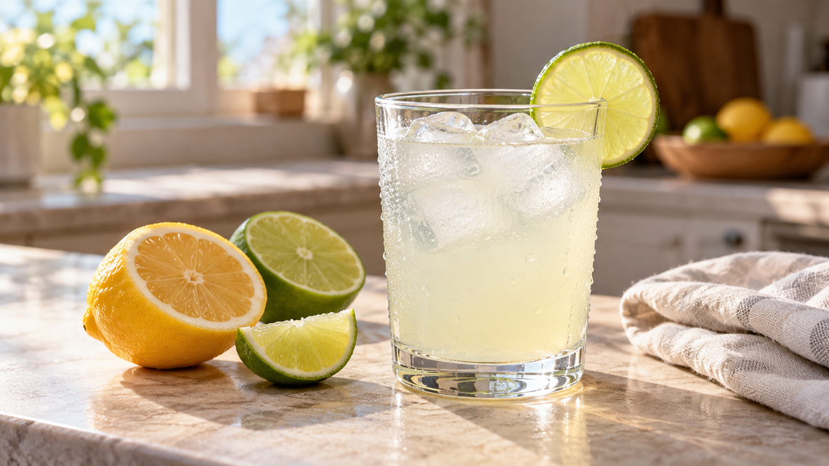 Glass of electrolyte drink with lemon and lime the morning after drinking