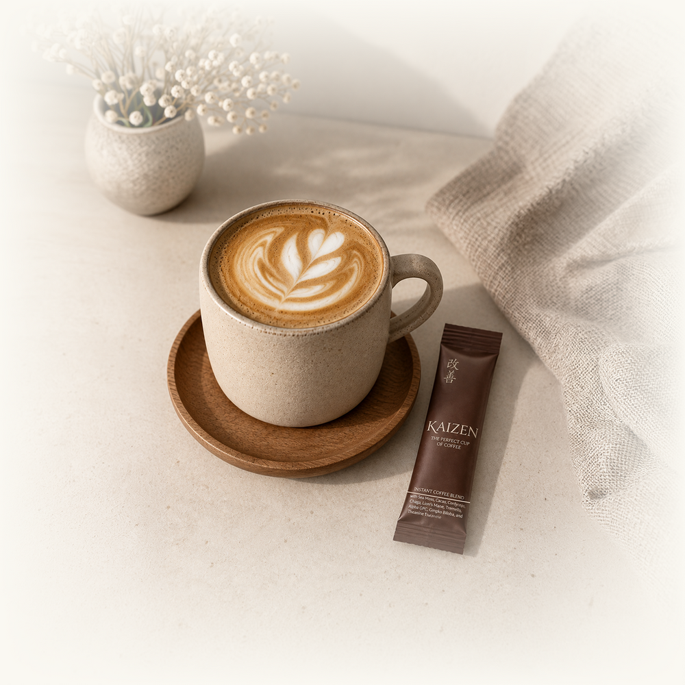 A Kaizen mushroom coffee latte with latte art next to a Kaizen stick