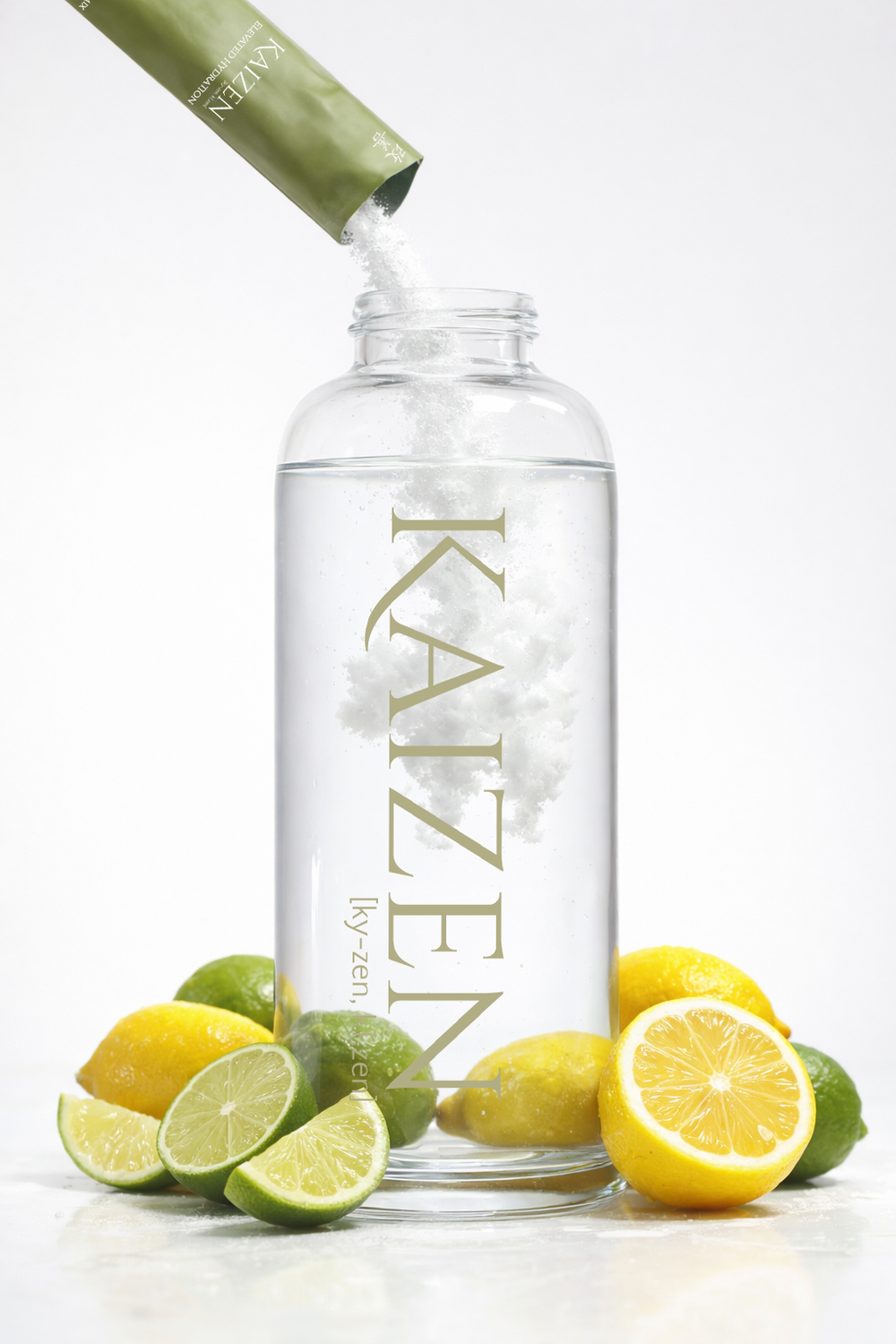 Kaizen stick pouring into a glass bottle of water, with lemons and limes